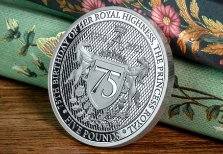 This Silver £5 issued to mark the 75th Birthday of Princess Anne. Struck from Sterling Silver to a Proof finish, it features a detailed design of a number of elements related to Princess Anne. EL: 995