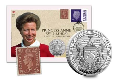 Marking 75th anniversary of the birth of Princess Anne, this cover features the  Princess Anne Proof £5 coin, alongside an original UK 1950 definitive stamp and 1st class stamp - postmarked 15/08/25.