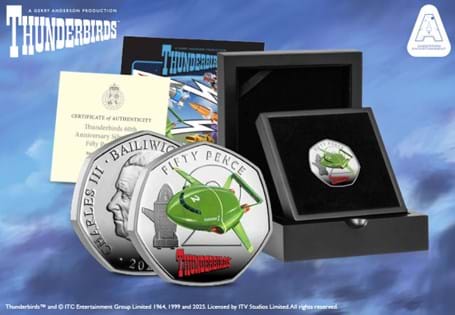 Struck from sterling silver and enhanced with vivid colour printing, your Thunderbird 2 Silver 50p coin brings the iconic rescue vehicle to life in stunning detail. 