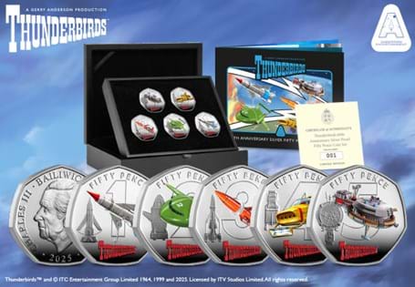 Crafted from sterling silver and brought to life with vivid colour finishing, your stunning 5 coin set showcases the iconic Thunderbirds vehicles in exceptional detail. Housed in a Presentation Case.