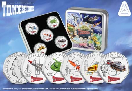 Struck to BU quality, each of your 50p coins captures the vibrant detail and spirit of the beloved Thunderbirds series. The complete set is beautifully housed in a bespoke collector tin, EL:995