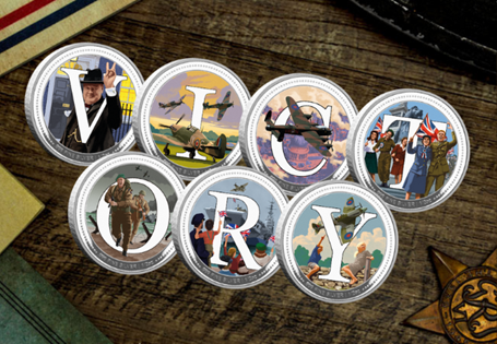 This set features seven commemoratives, each a letter from the word 'VICTORY'. Each commemorative has been struck from 1/2 oz of Pure Silver to mark the 80th Anniversary of the end of WWII. EL: 250