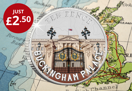 Own the FIRST EVER Buckingham Palace 10p Coin. Part of the Landmarks 10p Coin Collection. Struck to a Brilliant Uncirculated finish with selective colour application to bring the design to life. 