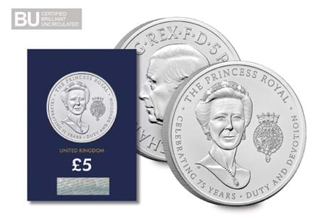 The Royal Mint have released a £5 coin to celebrate the 75th birthday of the Princess Royal. This coin is struck to a Brilliant Uncirculated quality and arrives protectively encapsulated. 