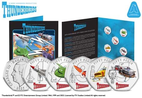 Own a nostalgic tribute to one of Britain's most iconic TV series with the Brilliant Uncirculated Thunderbirds 50p coins. Each coin captures the iconic Thunderbirds vehicles in colour. EL:4995.