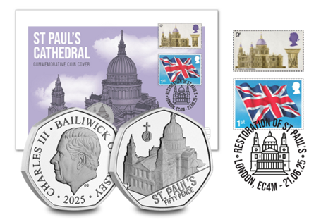 This Cover features the 2025 Jersey St Paul's Cathedral BU 50p Coin, Royal Mail Union Flag 1st Class Stamp and 1969 St. Paul's Cathedral 9d Stamp. Only 995 released with the 21st June postmark.