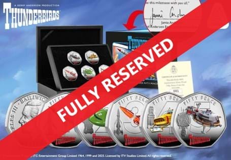 Crafted from sterling silver and brought to life with vivid colour printing, this stunning 5-coin set showcases the iconic Thunderbirds vehicles in exceptional detail & hand signed by Jamie Anderson.