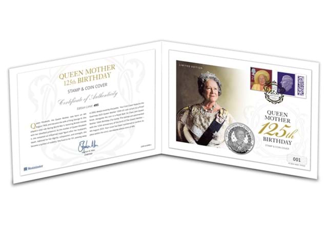 Queen Mother 125Th Birthday Presentation Cover Displayed In Card Folder With Certificate Images AT 6