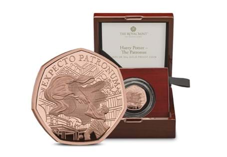 This Gold Proof 2025 UK 50p celebrates Harry Potter and the Prisoner of Azkaban, with its design capturing the moment Harry learns the Patronus charm. Comes in official Royal Mint packaging.