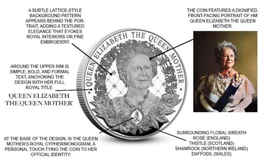 The detailed design of the Queen Mother 125th Birthday Silver Proof £5 Coin