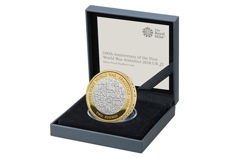 This 2018 WWI Armistice Silver Proof Piedfort £2 has been issued by The Royal Mint commemorate the First World War Armistice in 1918. The reverse features an inscription of a poem by Wilfred Owen.