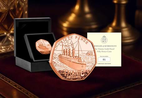 This 2025 Gold 50p has been issued by Guernsey to mark 40 years since the discovery of the wreck of RMS Titanic. Struck from 22 Carat Gold to a Proof finish. 