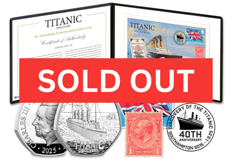 This exclusive Cover features the brand new 2025 Guernsey Titanic Silver Proof 50p, Union Flag Stamp, Commemorative Label & 01.09.2025 Postmark for the 40th anniversary. Limited to just 100.