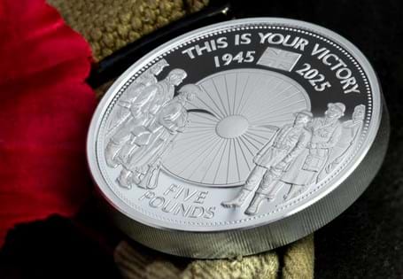 The 2025 VE Day Poppy® Piedfort Silver £5 has been struck from 56g of Pure Silver and features the iconic Poppy with six figures of remembrance. 10% supports the RBL. EL: 500.