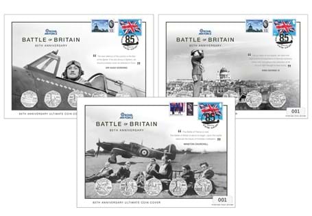These covers feature all 15 Battle of Britain 85th Anniversary 50ps. Each cover features a UK 1965 Battle of Britain 25th anniversary stamp alongside a 1st Class Stamp, postmarked 15 Sep 2025. EL: 495