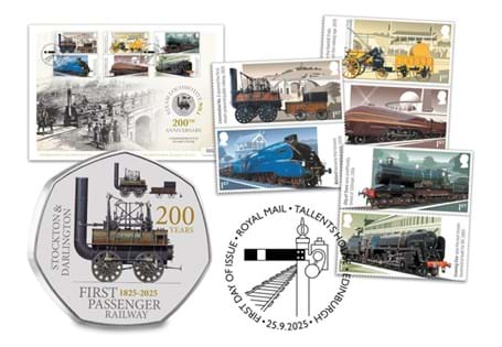 This Cover features the 2025 GB Royal Mail Steam Locomotives 6 Stamp Set and a specially-commissioned Locomotion No. 1 Commemorative. Each cover has been postmarked on the stamps first day of issue.