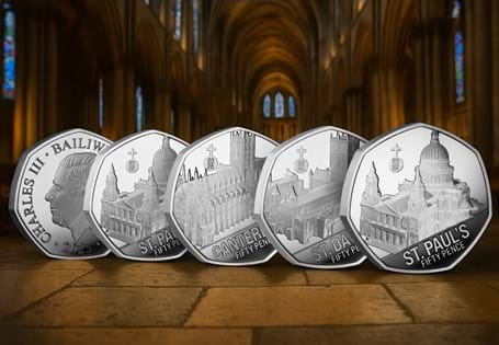 The 2025 British Cathedrals Silver Proof 50p Coin Collection honours four awe-inspiring Cathedrals, including St Paul's, Canterbury, St Giles' and St Davids Cathedrals. Struck from Sterling Silver.  
