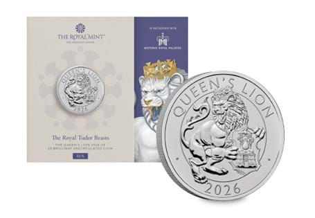 The UK 2026 The Queen's Lion Brilliant Uncirculated £5 coin pack from The Royal Mint. As part of The Royal Tudor Beasts Collection.