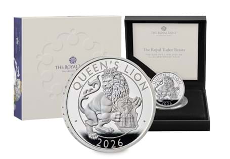The UK 2026 The Queen's Lion Silver 1oz Coin, struck from pure Silver to a proof finish. Released by The Royal Mint as part of The Royal Tudor Beasts Collection.