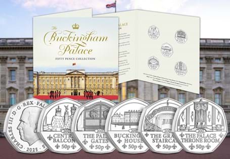 This 2025 pack includes 5 brand new 50p coins showcasing Buckingham Palace: Central Balcony, Palace Gates, Grand Staircase, Throne Room & Buckingham House. Struck to BU finish by Falkland Islands.