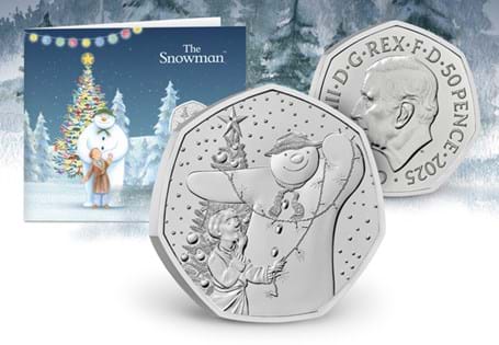 The Snowman 2025 UK Brilliant Uncirculated 50p features a reverse design by illustrator Robin Shaw capturing The Snowman and James decorating the Christmas tree. Comes in official Royal Mint packaging