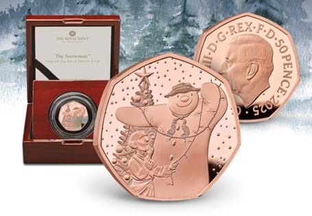 This UK 2025 The Snowman Gold Proof 50p features a reverse design by illustrator Robin Shaw capturing The Snowman and James decorating the Christmas tree. Comes in official Royal Mint packaging