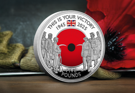 The 2025 RBL VE Day Poppy £5 coin has been issued by Jersey. It features figures representing both the front line and the home front. There is a coloured Poppy in the centre.