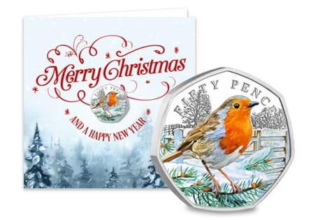 This Christmas card features a brand new 2025 Robin 50p in vivid colour - encapsulated to protect its superior Brilliant Uncirculated finish. The inside is left blank for your personal message.