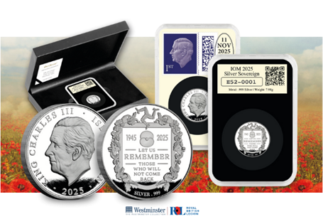 This DateStamp has been issued to mark this year's Remembrance Day. It features the IOM 2025 Poppy Sovereign, struck from Pure Silver. It has been postmarked on Armistice Day - 11th November 2025.