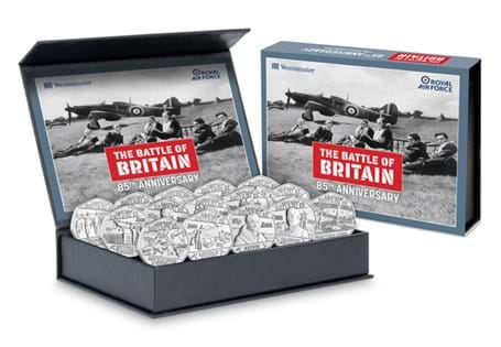 Struck to a Brilliant Uncirculated finish, this 50p set features fifteen coins issued by Jersey and Guernsey to honour the 85th Anniversary of the Battle of Britain.