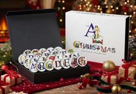 This collection features twenty six 10p coins, each featuring a letter from the alphabet and a Christmas tradition. Issued by Jersey, each 2025 coin design features colour print. Edition Limit: 995