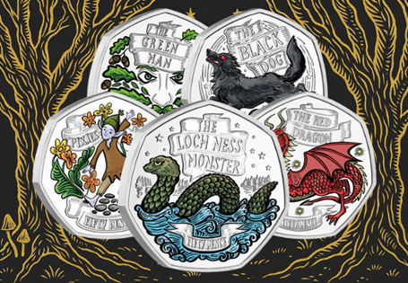 Introducing the Myths and Legends BU Colour 50p Coin Set. FIVE of Britain's biggest Myths and Legends have been brought to life in vivid colour on official 50p coins.