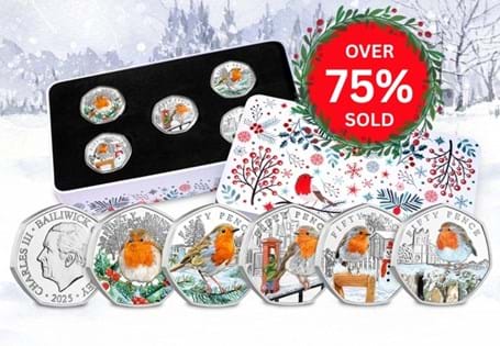 The 2025 Christmas 50ps have been issued by Guernsey and each depicts different festive scenes featuring a robin. They have been struck to a BU quality.