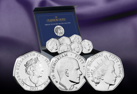 This collection brings together twelve Brilliant Uncirculated 50p coins. Issued by Isle of Man to mark Queen Elizabeth II's 95th birthday and to commemorate the life of Prince Philip.