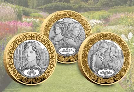 This set featuring 3 new coins for Jane Austen’s 250th anniversary: portrait, Pride & Prejudice, Sense & Sensibility. Struck in Sterling Silver to Proof finish and presented in a case. EL: 495