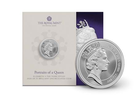 This UK 2026 Brilliant Uncirculated £5 is the third in the series, and features the third definitive portrait of Queen Elizabeth II designed by Raphael Maklouf. Comes in official Royal Mint packaging.
