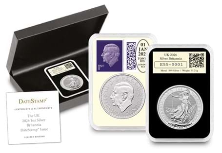 This UK 2026 1oz Silver Britannia DateStamp has been postmarked by Royal Mail for 1st January 2026. It comes in a wooden box, in a tamperproof capsule with a Certificate of Authenticity. EL: 500.