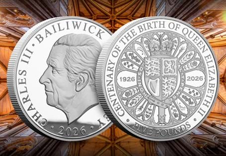 Issued by Guernsey to mark 100 years since the birth of Queen Elizabeth II, this Silver Proof £5 features the Royal Coat of Arms shield and St Edward’s Crown, struck in sterling silver. EL: 2026