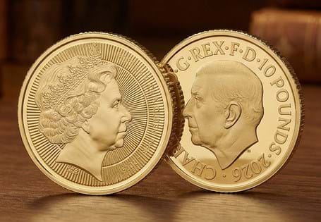 This UK 2026 Gold Proof 1/10oz coin is the fourth in the Royal Mint's 'Portraits of a Queen' series, and features the fourth definitive portrait of Queen Elizabeth II designed by Ian Rank-Broadley. 