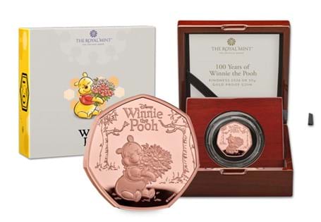 This 2026 UK Gold Proof 50p has been issued by The Royal Mint to celebrate 100 years of Winnie the Pooh. The first coin celebrates kindness and comes in official Royal Mint packaging.
