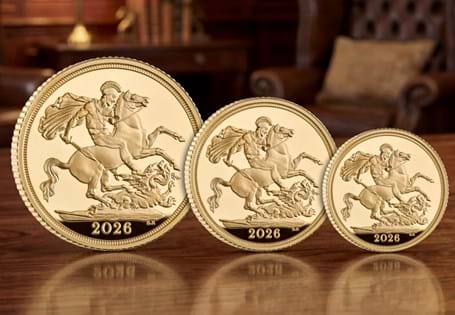 The Three-Coin Sovereign Set for 2026 has been struck from 22 carat yellow gold. With just 650 sets released worldwide, this set  features the full, half, and quarter sovereign.