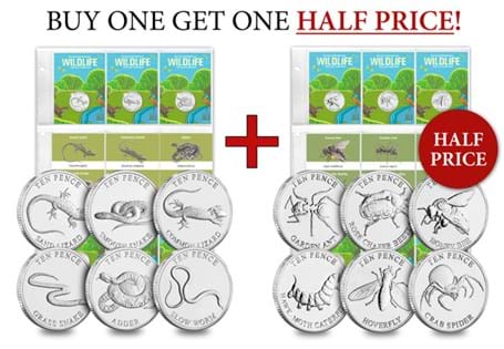 The British 'Garden' Bundle includes both Reptiles and Garden Invertebrates Wildlife sets, each featuring 6 custom uncirculated British Wildlife 10p coins; totalling 12 coins in the full bundle.
