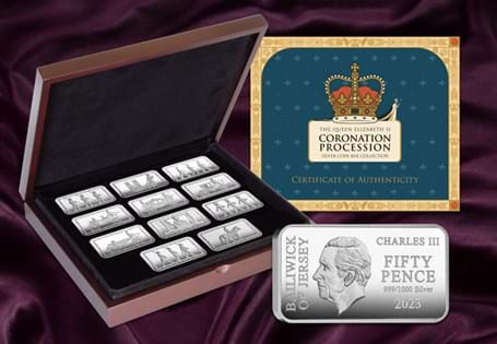 The Queen Elizabeth II Coronation Procession Set - Silver 50p Coin Bars issued by Jersey to mark the 70th anniversary of QEII's Coronation. Struck from 2.5g of solid 999/1000 Silver to a Proof finish.