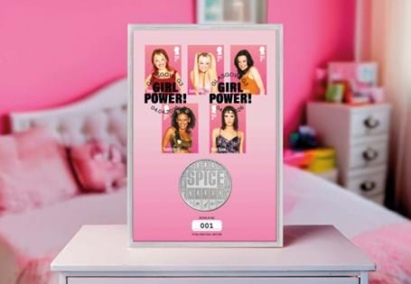 This click-shut frame combines the brand-new UK 2026 Spice Girls £5 coin with The Royal Mail 2024 Spice Girls Stamps.