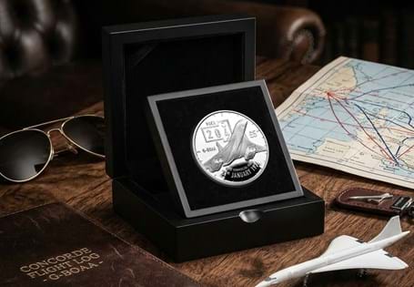 This Concorde £5 coin has been struck from 1oz of sterling silver to a proof finish and features Concorde in flight with a Mach meter at 2.04. EL: 995.