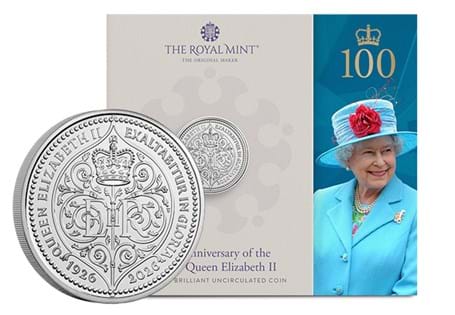 This UK 2026 Brilliant Uncirculated £5 commemorates the 100th anniversary of the birth of Queen Elizabeth II, honouring her remarkable life and historic reign. in official Royal Mint packaging.