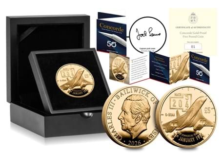 This Concorde Gold £5 Coin is a premium tribute to the 50th anniversary of Concorde's first commercial flight. Crafted using 1oz of 22 Carat Gold and finished to a Proof quality. EL: 50.