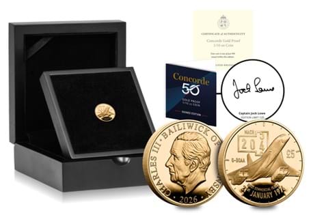 This Concorde Gold 1/10z Coin is a premium tribute to the 50th anniversary of Concorde's first commercial flight. Crafted using 1/10oz of 24 Carat Gold and finished to a Proof quality. EL: 995.