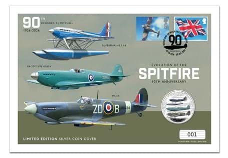 This cover has been issued to mark the 90th Anniversary of the Spitfire. It features the Jersey 2026 Spitfire 90th Anniversary £5 Coin, struck from Sterling Silver alongside 2 UK stamps.