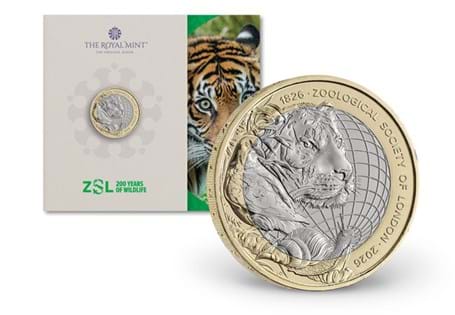 This 2026 Brilliant Uncirculated £2 Coin Pack has been issue to celebrate 200 years of the Zoological Society of London. 